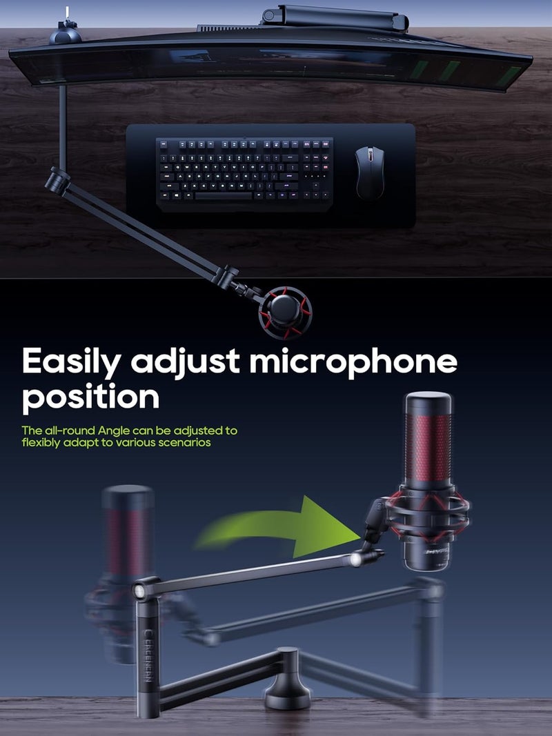 CACENCAN ذراع ميكروفون منخفض الارتفاع، ذراع ميكروفون دوار 360° لحامل ميكروفون Fifine AM8 K669B Blue Yeti HyperX shure sm7b SoloCast AT2020، مع مشبك ميكروفون 3/8" إلى 5/8"، أسود - Image 3